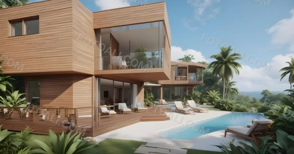 3d Model Modern Two Story House With A Wooden Exterior Large Glass Windows And A Spacious Patio The Scene Includes A Swimming Pool Lounge Chairs And Tropical Plants In The Foreground The Background Features Lush 18 Afa5