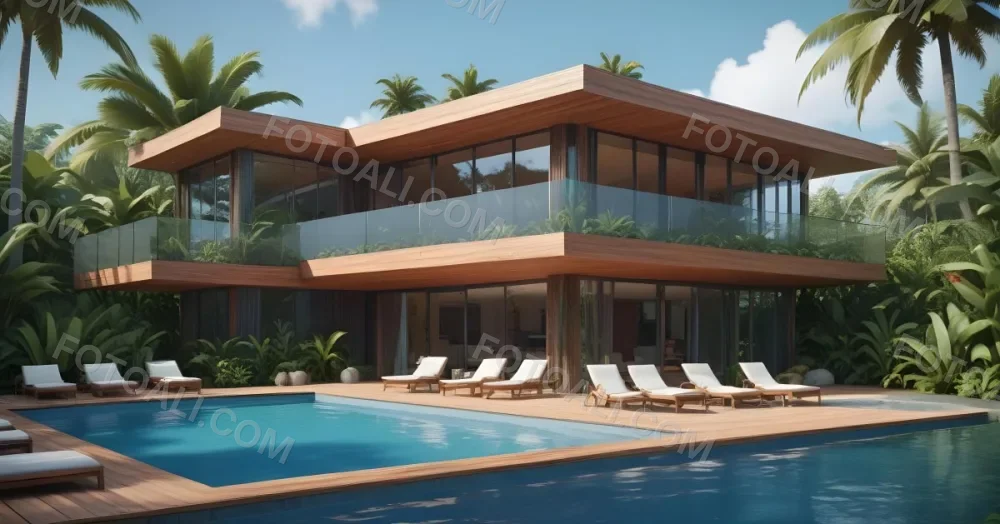 3d Model Modern Two Story House With A Wooden Exterior Large Glass Windows And A Spacious Patio The Scene Includes A Swimming Pool Lounge Chairs And Tropical Plants In The Foreground The Background Features Lush 27 2782