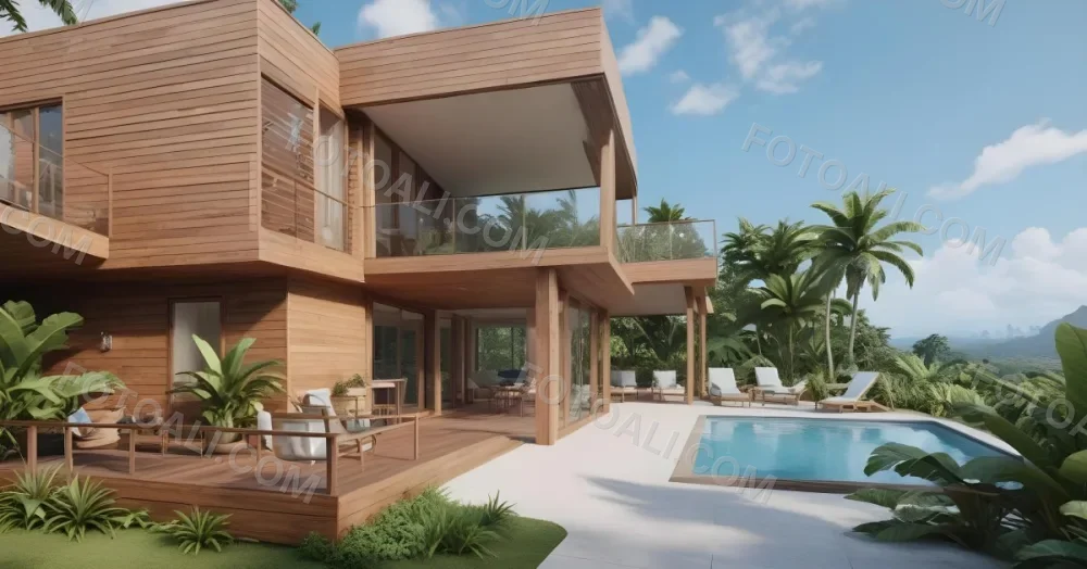 3d Model Modern Two Story House With A Wooden Exterior Large Glass Windows And A Spacious Patio The Scene Includes A Swimming Pool Lounge Chairs And Tropical Plants In The Foreground The Background Features Lush 32 0c74