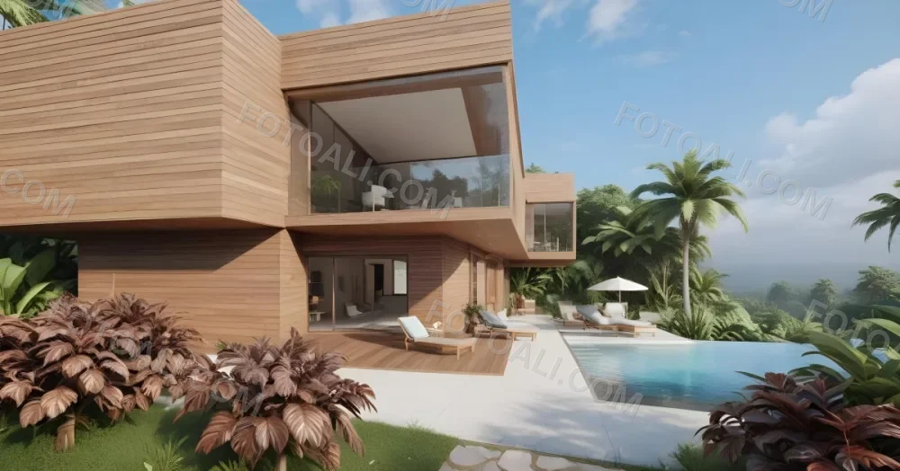 3d Model Modern Two Story House With A Wooden Exterior Large Glass Windows And A Spacious Patio The Scene Includes A Swimming Pool Lounge Chairs And Tropical Plants In The Foreground The Background Features Lush 36 7684