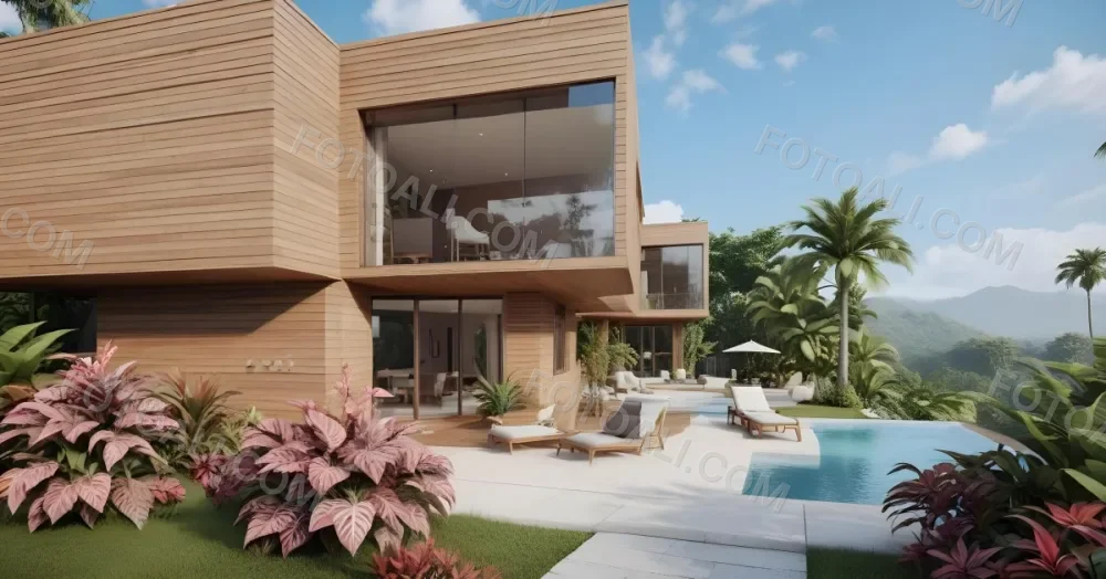 3d Model Modern Two Story House With A Wooden Exterior Large Glass Windows And A Spacious Patio The Scene Includes A Swimming Pool Lounge Chairs And Tropical Plants In The Foreground The Background Features Lush 40 B492