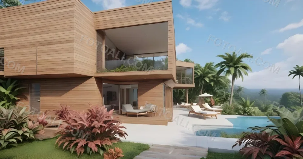 3d Model Modern Two Story House With A Wooden Exterior Large Glass Windows And A Spacious Patio The Scene Includes A Swimming Pool Lounge Chairs And Tropical Plants In The Foreground The Background Features Lush 41 9a10