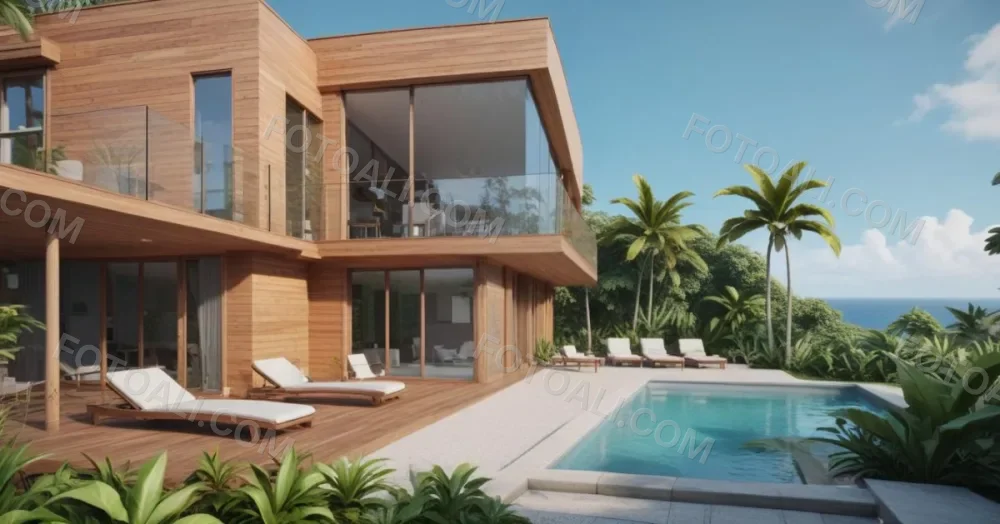 3d Model Modern Two Story House With A Wooden Exterior Large Glass Windows And A Spacious Patio The Scene Includes A Swimming Pool Lounge Chairs And Tropical Plants In The Foreground The Background Features Lush 42 3387