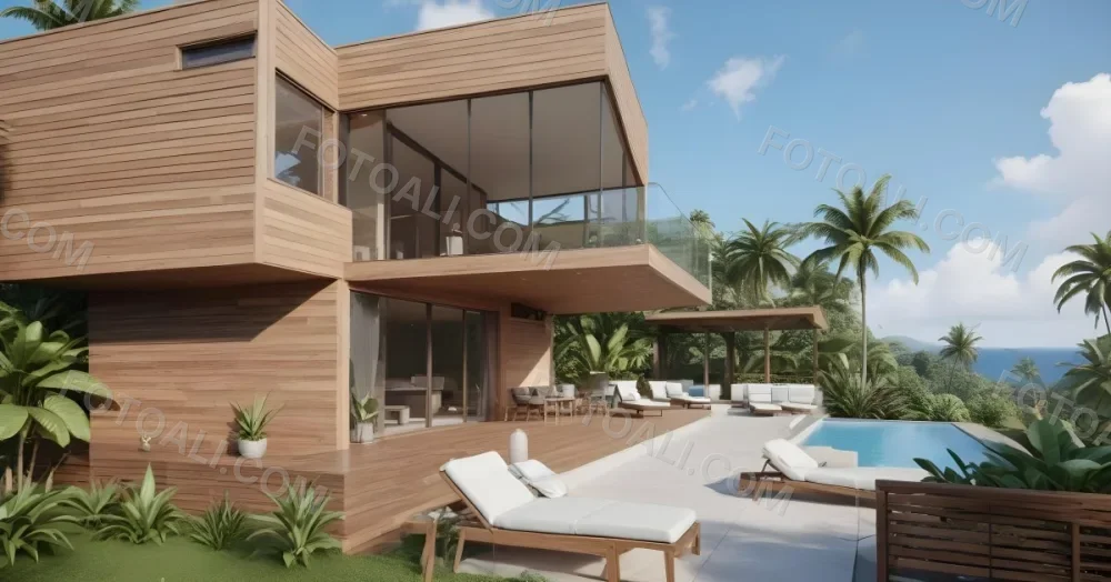 3d Model Modern Two Story House With A Wooden Exterior Large Glass Windows And A Spacious Patio The Scene Includes A Swimming Pool Lounge Chairs And Tropical Plants In The Foreground The Background Features Lush 43 78b0