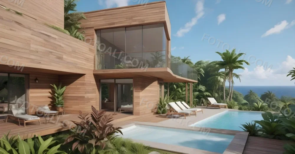 3d Model Modern Two Story House With A Wooden Exterior Large Glass Windows And A Spacious Patio The Scene Includes A Swimming Pool Lounge Chairs And Tropical Plants In The Foreground The Background Features Lush 45 B72b