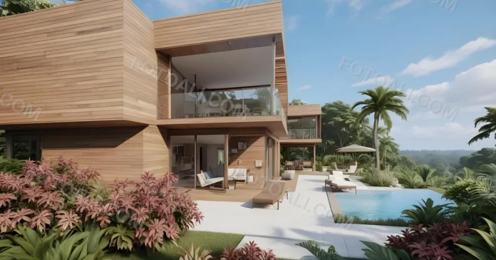 3d Model Modern Two Story House With A Wooden Exterior Large Glass Windows And A Spacious Patio The Scene Includes A Swimming Pool Lounge Chairs And Tropical Plants In The Foreground The Background Features Lush 47 3d04