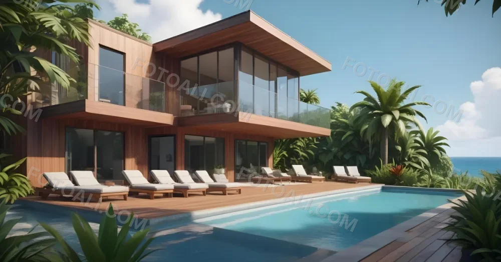 3d Model Modern Two Story House With A Wooden Exterior Large Glass Windows And A Spacious Patio The Scene Includes A Swimming Pool Lounge Chairs And Tropical Plants In The Foreground The Background Features Lush 5 9279