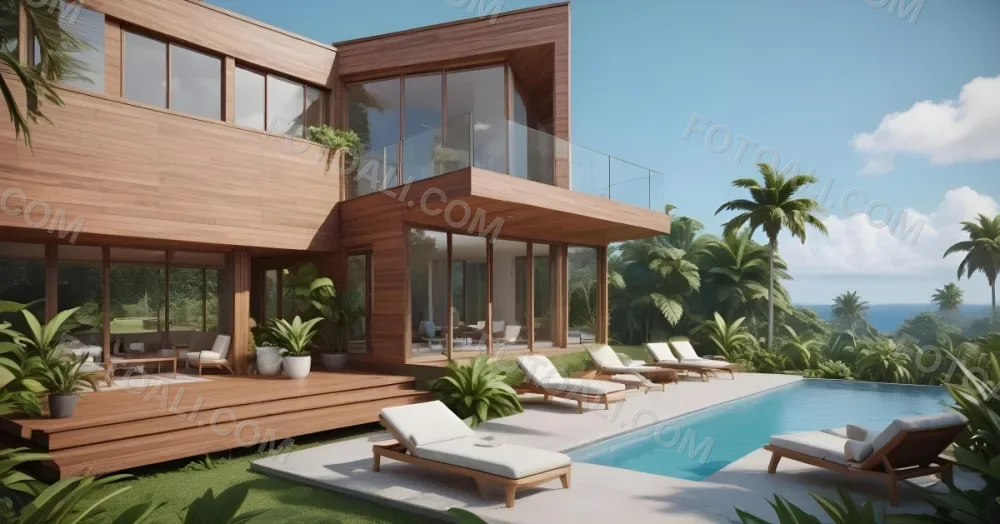 3d Model Modern Two Story House With A Wooden Exterior Large Glass Windows And A Spacious Patio The Scene Includes A Swimming Pool Lounge Chairs And Tropical Plants In The Foreground The Background Features Lush 6 C000