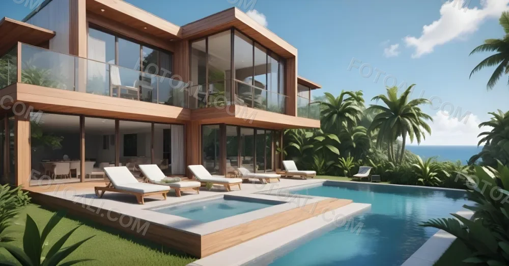 3d Model Modern Two Story House With A Wooden Exterior Large Glass Windows And A Spacious Patio The Scene Includes A Swimming Pool Lounge Chairs And Tropical Plants In The Foreground The Background Features Lush 7 96a4