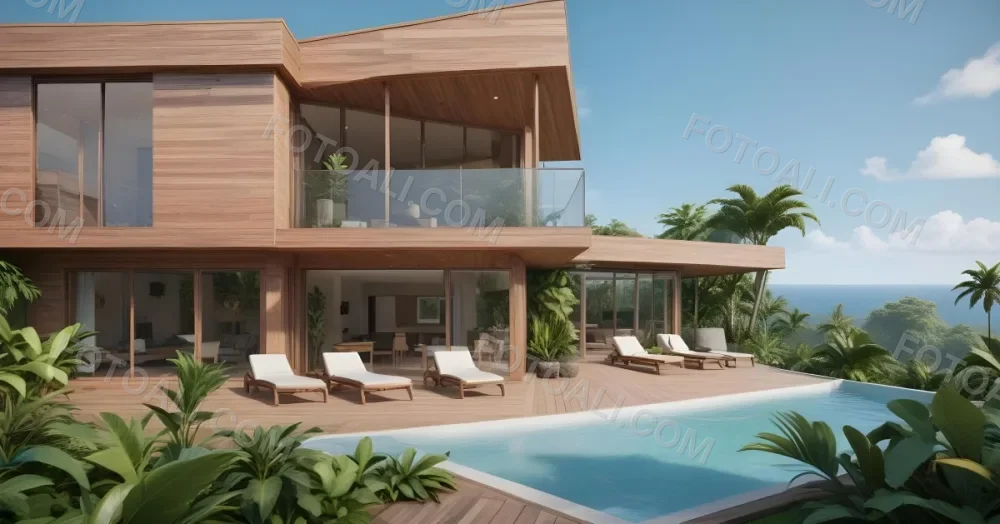 3d Model Modern Two Story House With A Wooden Exterior Large Glass Windows And A Spacious Patio The Scene Includes A Swimming Pool Lounge Chairs And Tropical Plants In The Foreground The Background Features Lush 8 9f02