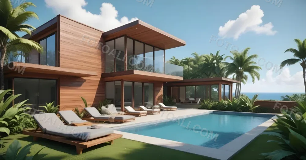3d Model Modern Two Story House With A Wooden Exterior Large Glass Windows And A Spacious Patio The Scene Includes A Swimming Pool Lounge Chairs And Tropical Plants In The Foreground The Background Features Lush 9 83f4