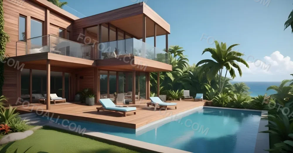 3d Model Modern Two Story House With A Wooden Exterior Large Glass Windows And A Spacious Patio The Scene Includes A Swimming Pool Lounge Chairs And Tropical Plants In The Foreground The Background Features Lush Gr 1 Ca3a
