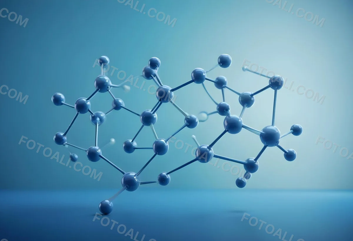 3d Model Molecular Structure With Interconnected Spheres And Rods Blue Color Scheme Scientific Visualization Clean And Modern Design Abstract Representation Of Molecules Technology Related Theme Against A Blue Ba 35 F498