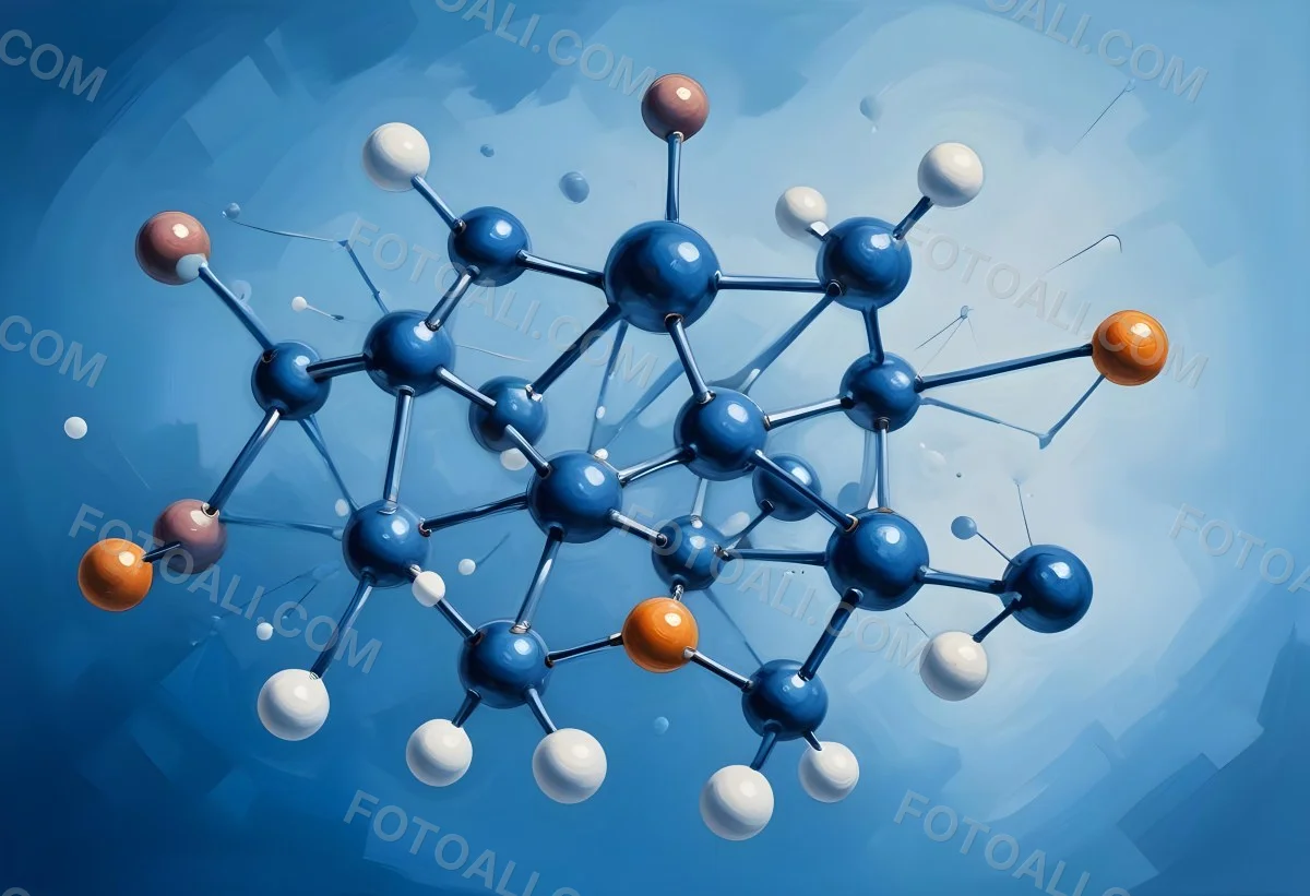 3d Model Molecular Structure With Interconnected Spheres And Rods Blue Color Scheme Scientific Visualization Clean And Modern Design Abstract Representation Of Molecules Technology Related Theme Against A Blue Ba 53 5b9d