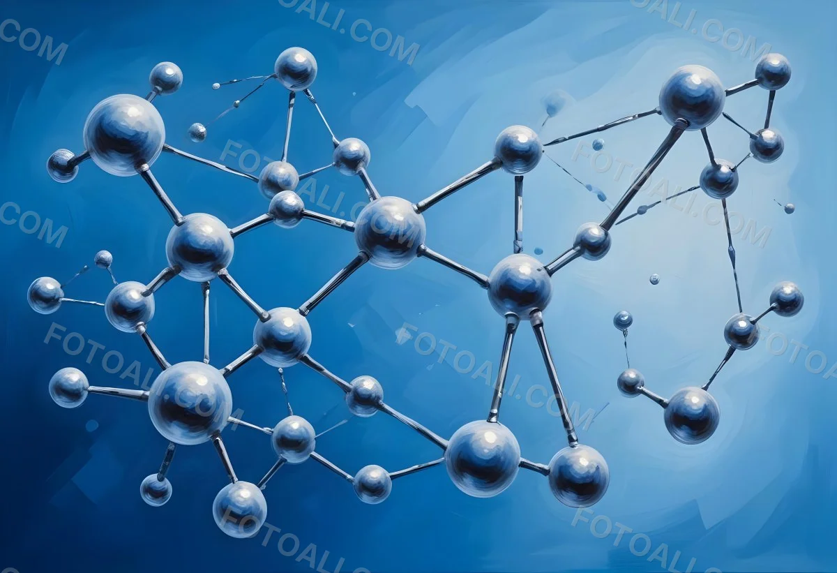 3d Model Molecular Structure With Interconnected Spheres And Rods Blue Color Scheme Scientific Visualization Clean And Modern Design Abstract Representation Of Molecules Technology Related Theme Against A Blue Ba 75 386c