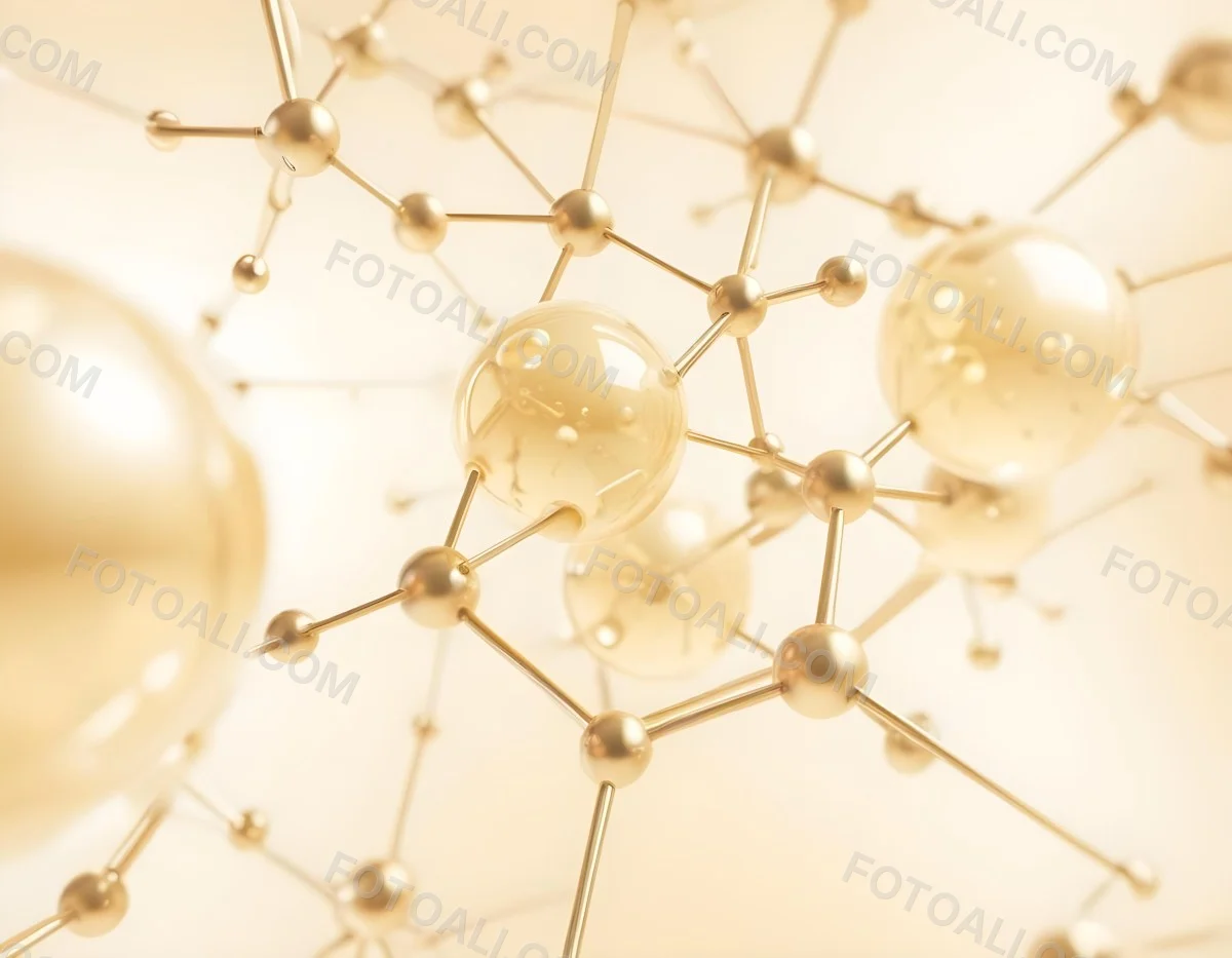 3d Model Molecular Structure With Spheres And Rods Golden Color Scheme Soft Lighting Abstract Background With Blurred Shapes Scientific Visualization Clean And Modern Design Figure Octane Render Volumetric Highly 1 F2f2