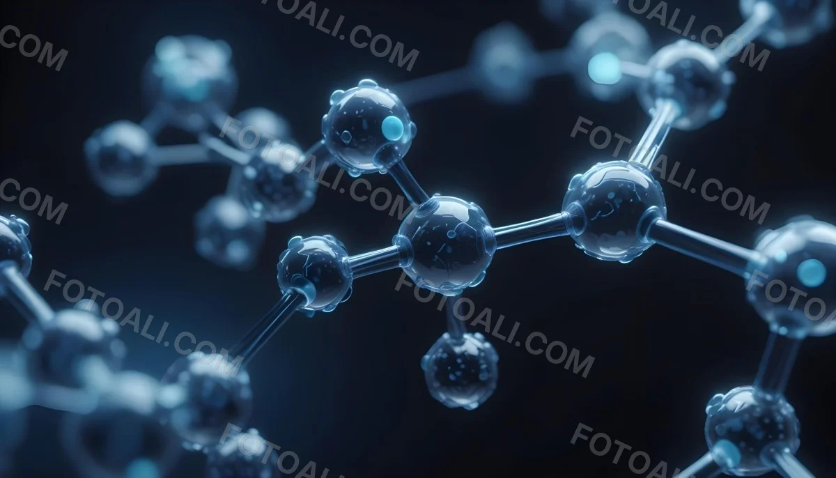 3d Model Molecule Structure With Interconnected Spheres Transparent Material Blue Tint Scientific Visualization Dark Background With Bokeh Effect Representing Molecular Connections And Research Figure Octane Rend 11 Bd28