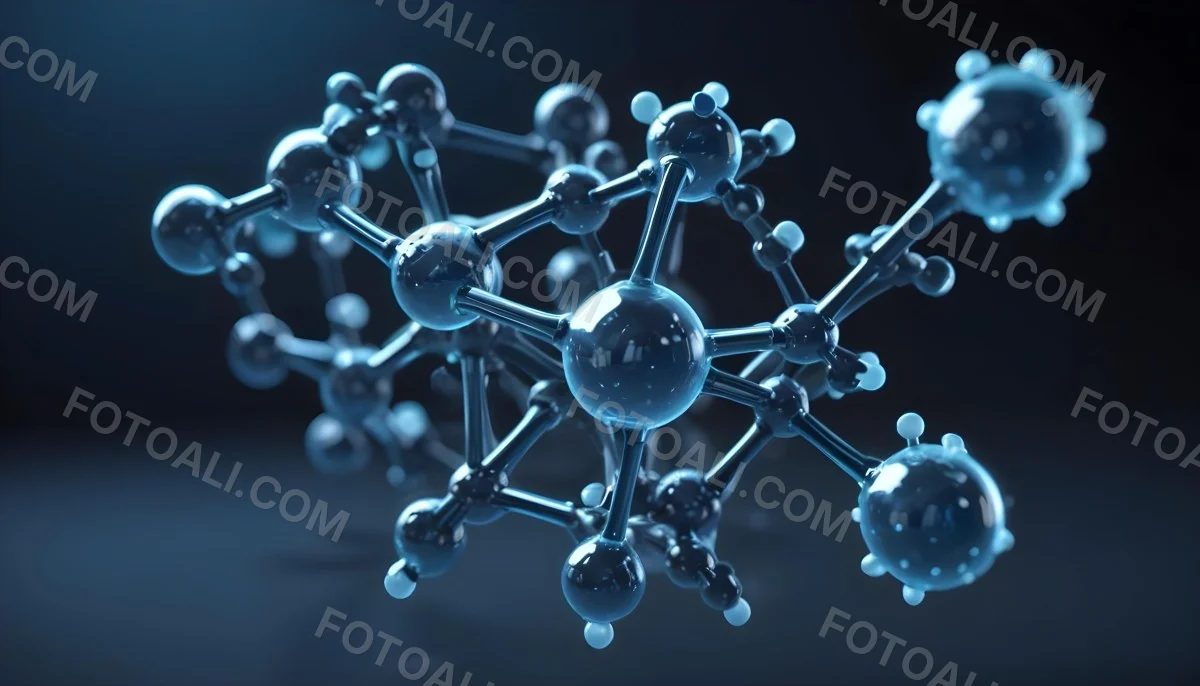 3d Model Molecule Structure With Interconnected Spheres Transparent Material Blue Tint Scientific Visualization Dark Background With Bokeh Effect Representing Molecular Connections And Research Figure Octane Rend 13 A5af