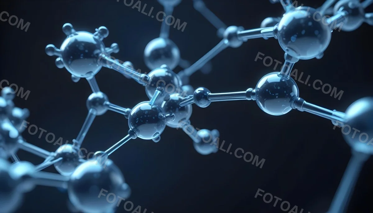 3d Model Molecule Structure With Interconnected Spheres Transparent Material Blue Tint Scientific Visualization Dark Background With Bokeh Effect Representing Molecular Connections And Research Figure Octane Rend 16 4e2b