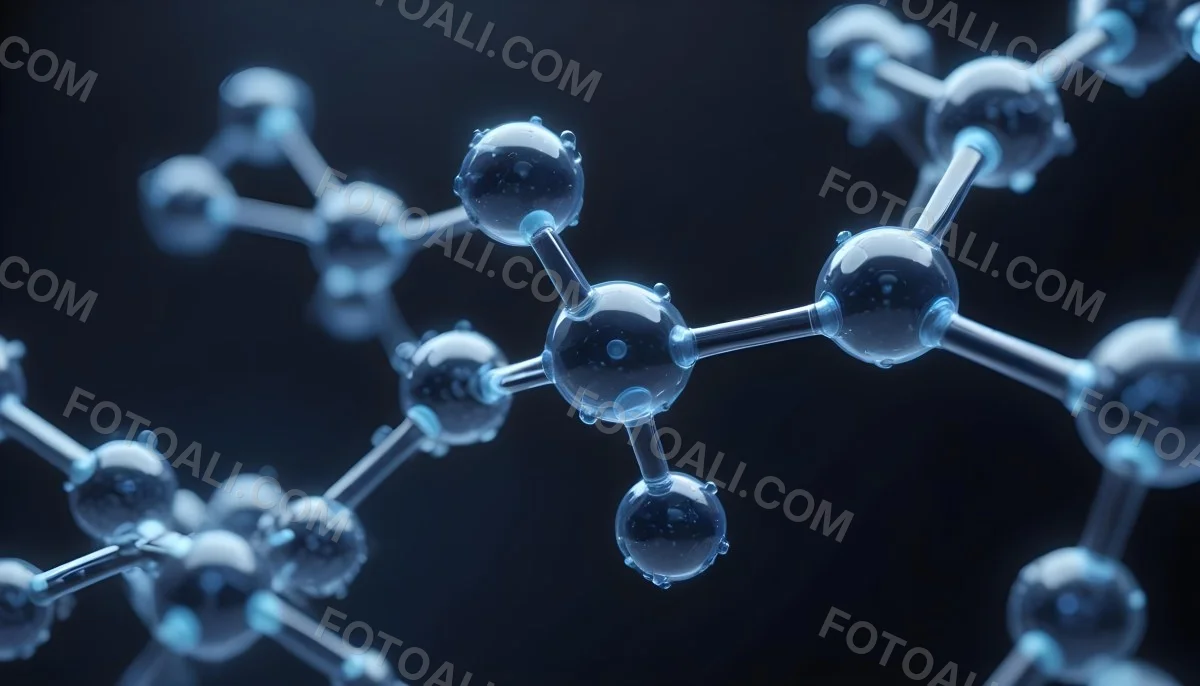 3d Model Molecule Structure With Interconnected Spheres Transparent Material Blue Tint Scientific Visualization Dark Background With Bokeh Effect Representing Molecular Connections And Research Figure Octane Rend 22 0711