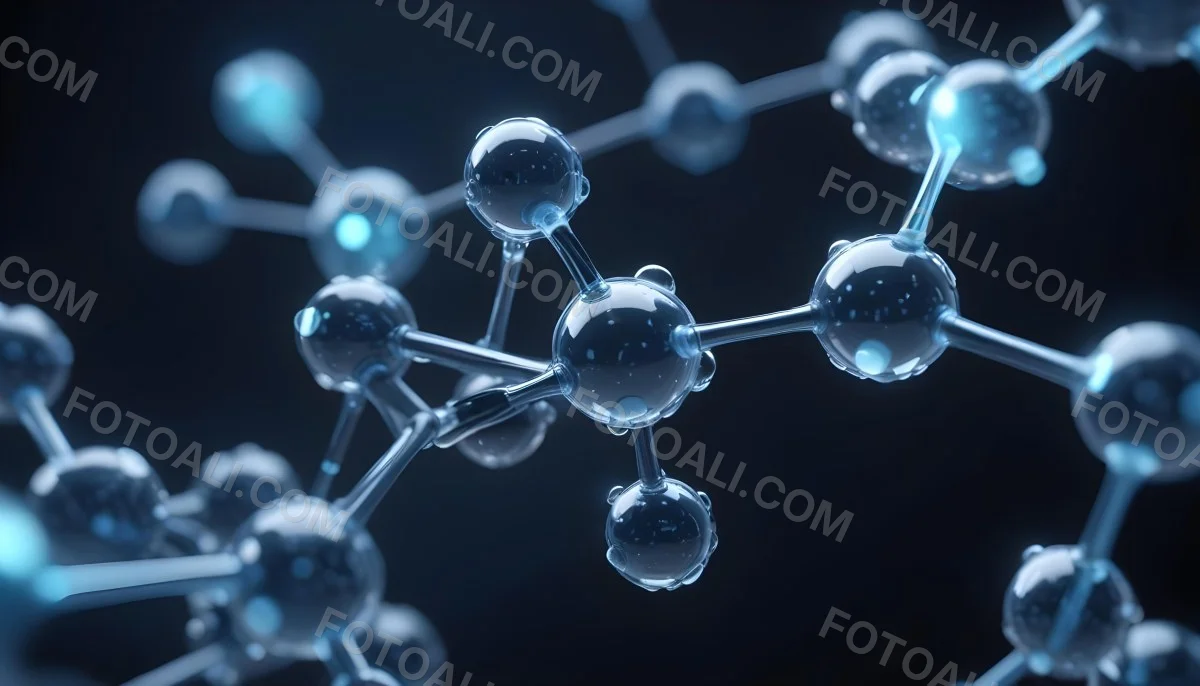 3d Model Molecule Structure With Interconnected Spheres Transparent Material Blue Tint Scientific Visualization Dark Background With Bokeh Effect Representing Molecular Connections And Research Figure Octane Rend 3 Ef54