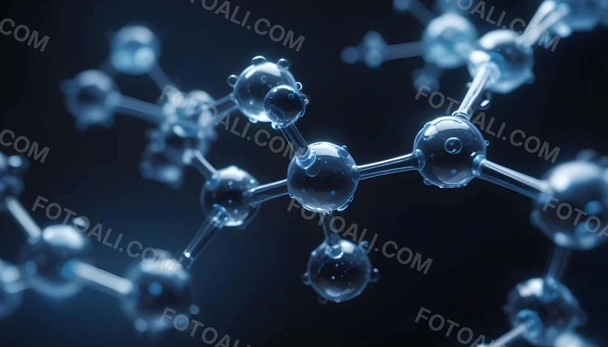 3d Model Molecule Structure With Interconnected Spheres Transparent Material Blue Tint Scientific Visualization Dark Background With Bokeh Effect Representing Molecular Connections And Research Figure Octane Rend 30 F06a