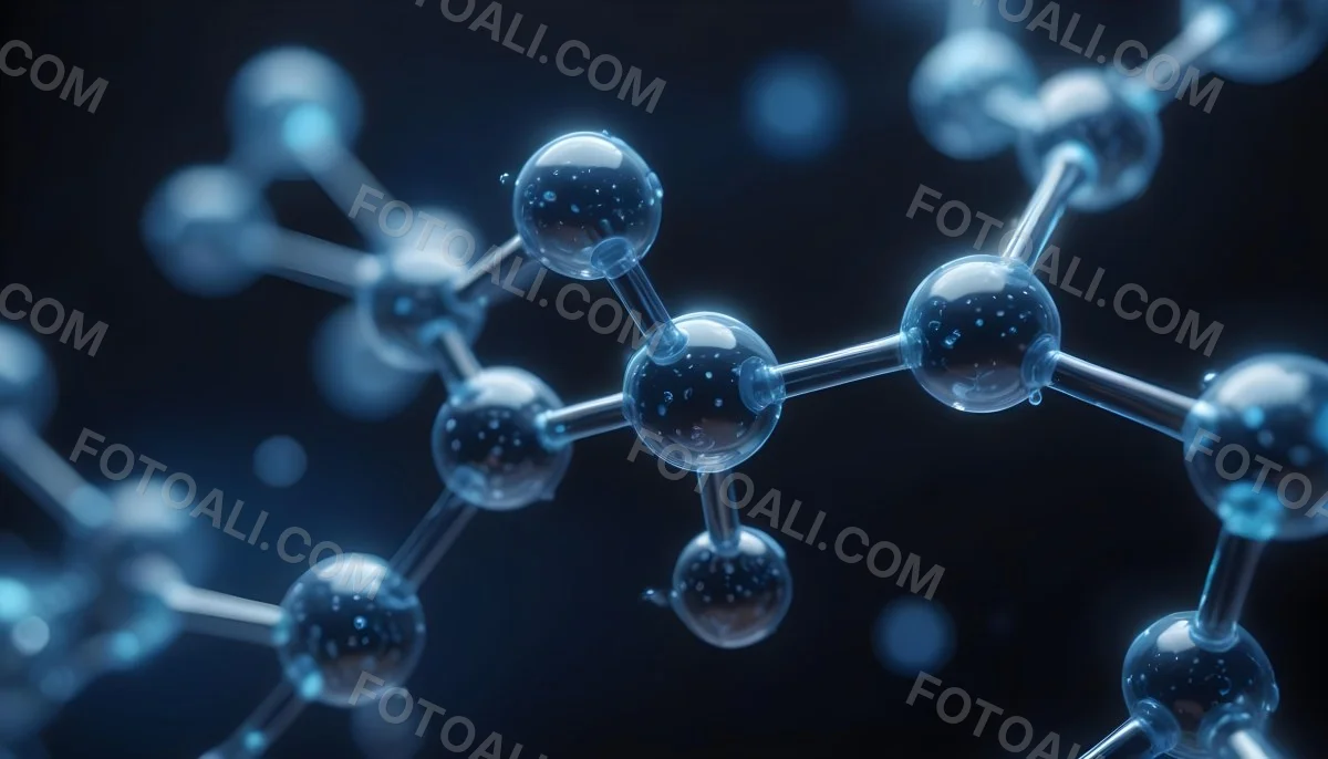 3d Model Molecule Structure With Interconnected Spheres Transparent Material Blue Tint Scientific Visualization Dark Background With Bokeh Effect Representing Molecular Connections And Research Figure Octane Rend 31 A554