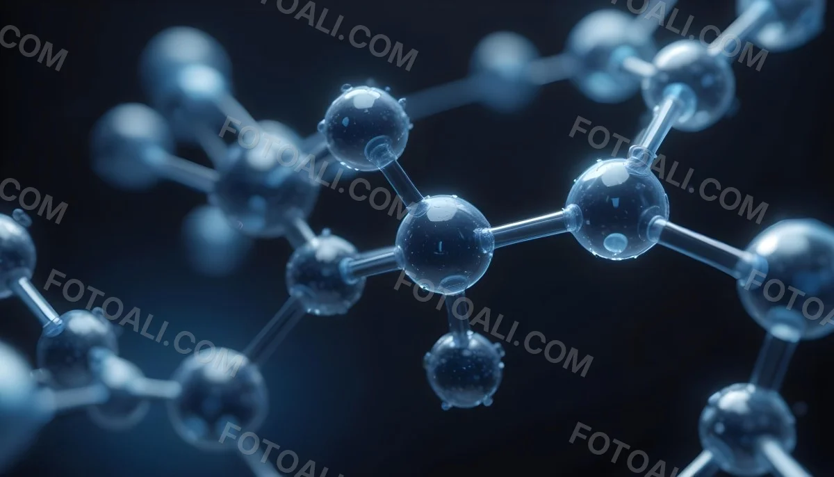 3d Model Molecule Structure With Interconnected Spheres Transparent Material Blue Tint Scientific Visualization Dark Background With Bokeh Effect Representing Molecular Connections And Research Figure Octane Rend 32 0904