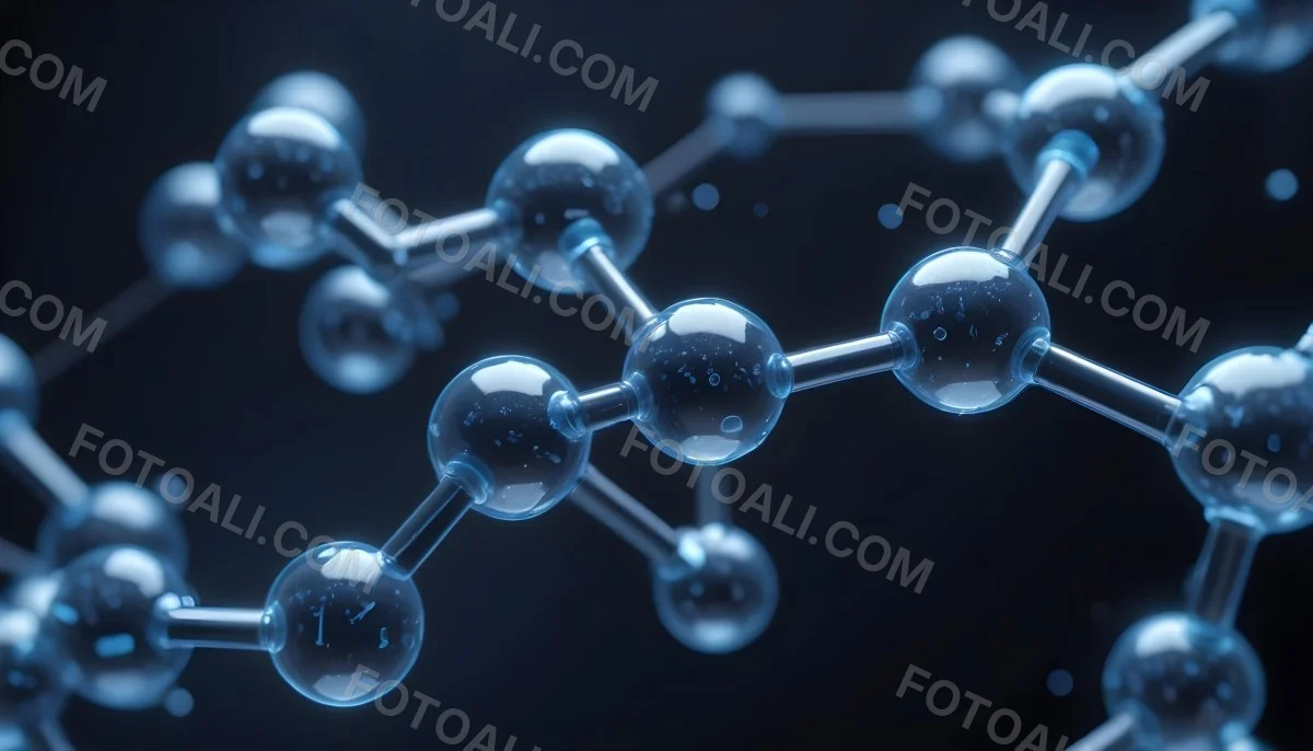 3d Model Molecule Structure With Interconnected Spheres Transparent Material Blue Tint Scientific Visualization Dark Background With Bokeh Effect Representing Molecular Connections And Research Figure Octane Rend 33 6533