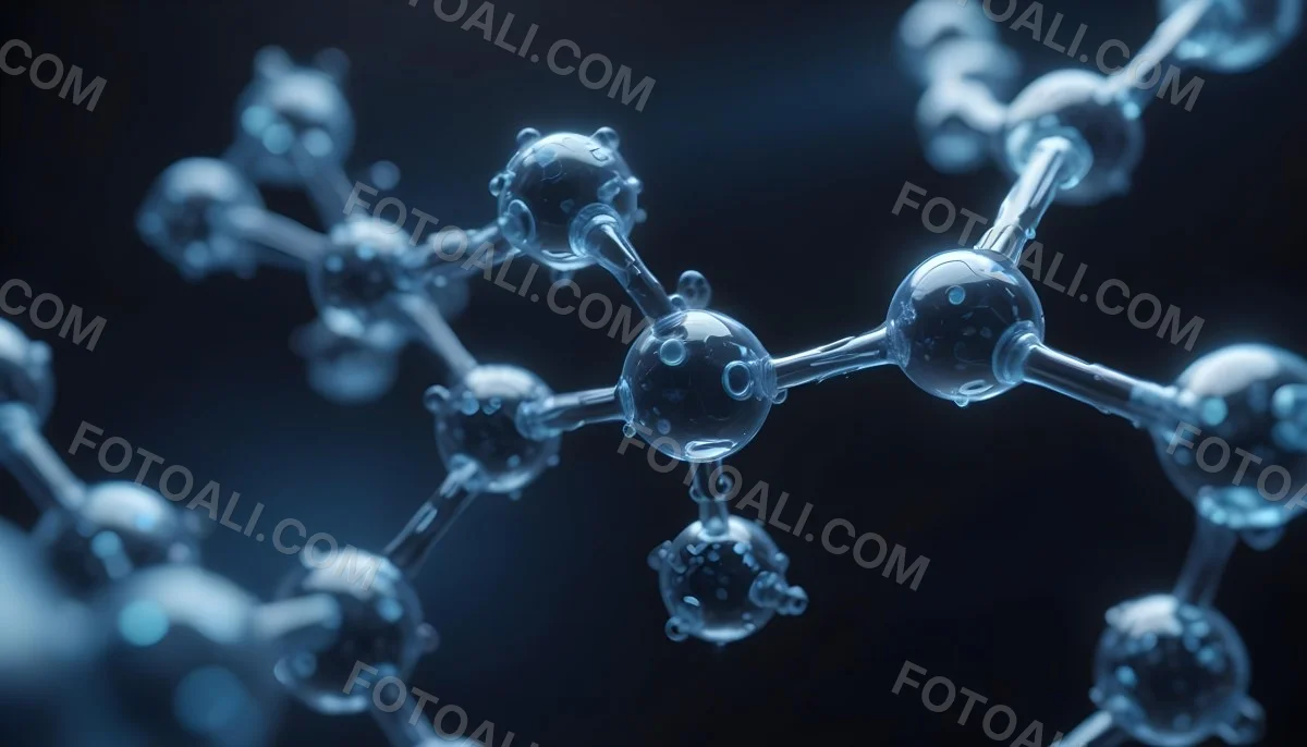 3d Model Molecule Structure With Interconnected Spheres Transparent Material Blue Tint Scientific Visualization Dark Background With Bokeh Effect Representing Molecular Connections And Research Figure Octane Rend 34 3c94