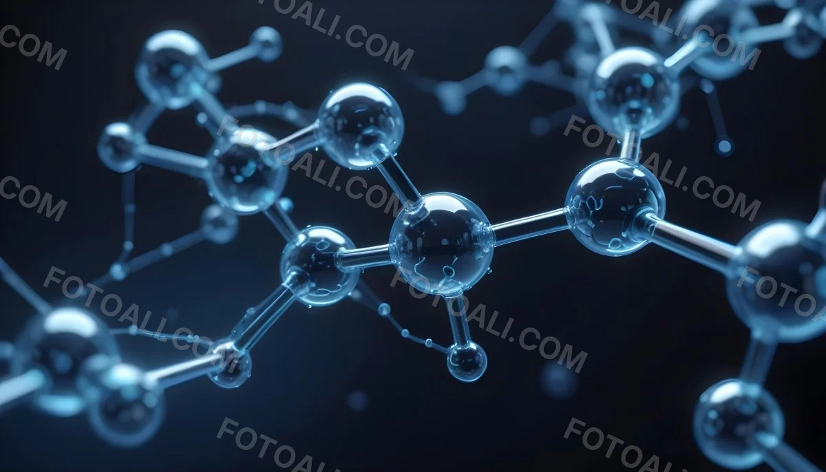 3d Model Molecule Structure With Interconnected Spheres Transparent Material Blue Tint Scientific Visualization Dark Background With Bokeh Effect Representing Molecular Connections And Research Figure Octane Rend 4 C250