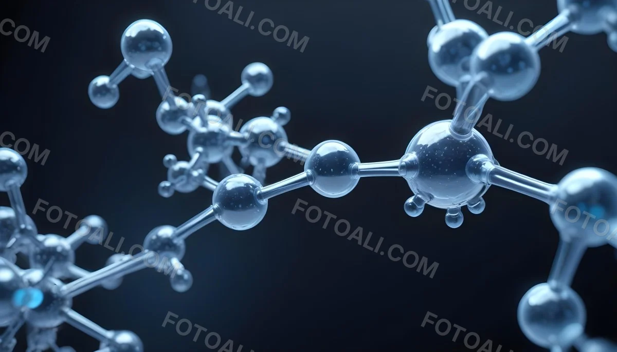 3d Model Molecule Structure With Interconnected Spheres Transparent Material Blue Tint Scientific Visualization Dark Background With Bokeh Effect Representing Molecular Connections And Research Figure Octane Rend 5 95ce