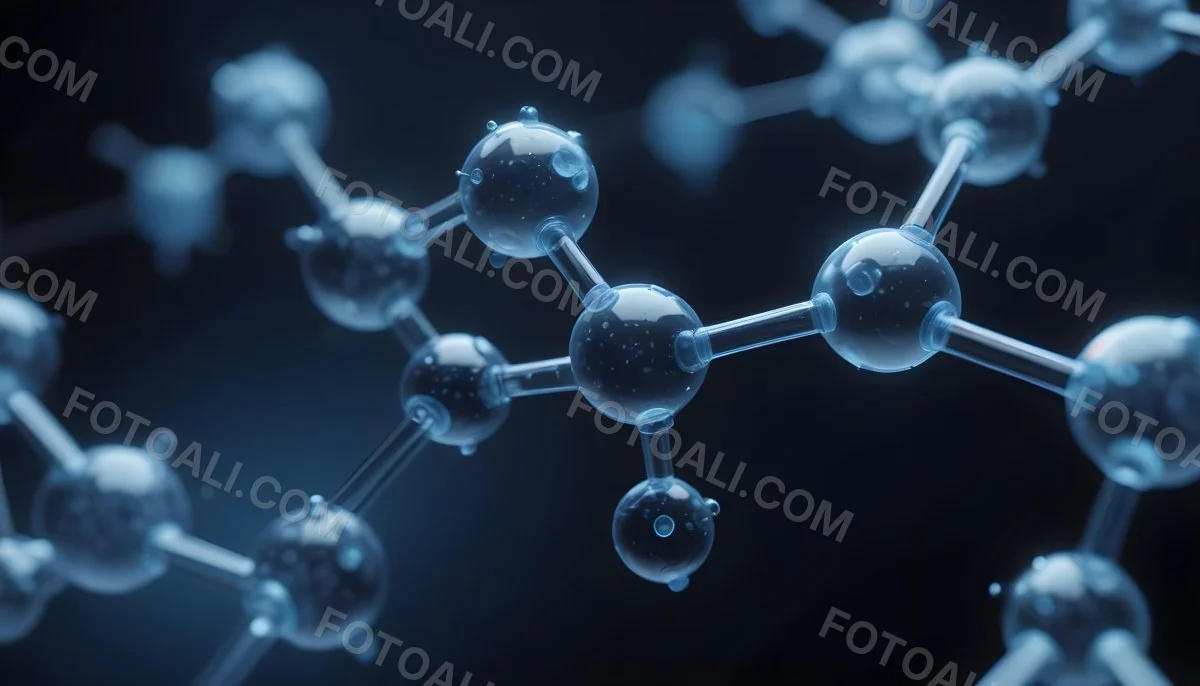 3d Model Molecule Structure With Interconnected Spheres Transparent Material Blue Tint Scientific Visualization Dark Background With Bokeh Effect Representing Molecular Connections And Research Figure Octane Rend 6 4324