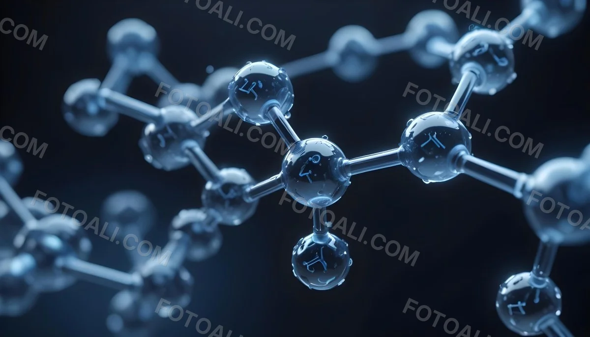 3d Model Molecule Structure With Interconnected Spheres Transparent Material Blue Tint Scientific Visualization Dark Background With Bokeh Effect Representing Molecular Connections And Research Figure Octane Rend 7 D64d