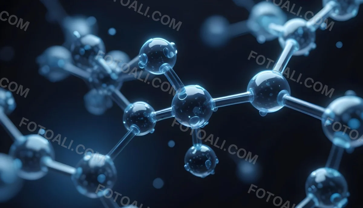 3d Model Molecule Structure With Interconnected Spheres Transparent Material Blue Tint Scientific Visualization Dark Background With Bokeh Effect Representing Molecular Connections And Research Figure Octane Rend 8 2c12
