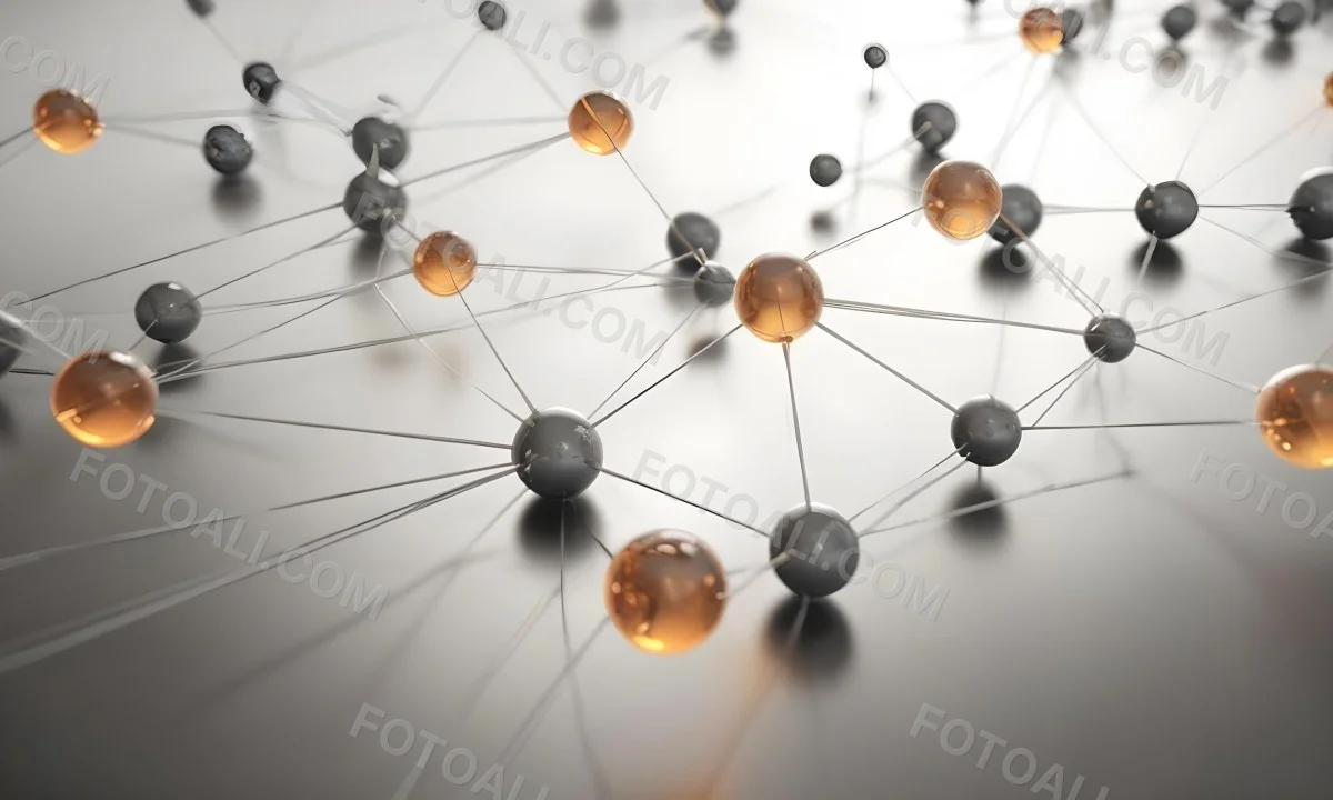 3d Model Network Of Interconnected Spheres Some Are Metallic Gray And Others Are Amber Connected By Thin Lines Creating A Complex Web On A Reflective Surface Figure Octane Render Volumetric Highly Detailed Videoga 1 B645