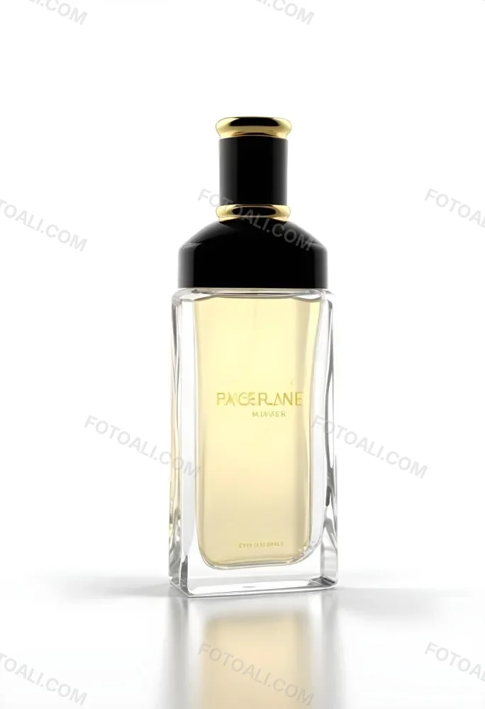 3d Model Perfume Bottle With A Gold Cap And White Accents Transparent Glass Liquid Inside Simple Black Background Figure Octane Render Volumetric Highly Detailed Videogame Aesthetic 11 Deb4