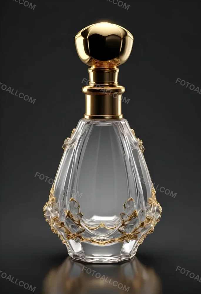 3d Model Perfume Bottle With A Gold Cap And White Accents Transparent Glass Liquid Inside Simple Black Background Figure Octane Render Volumetric Highly Detailed Videogame Aesthetic 20 F520