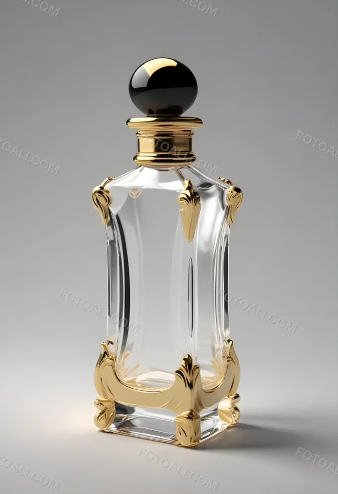 3d Model Perfume Bottle With A Gold Cap And White Accents Transparent Glass Liquid Inside Simple Black Background Figure Octane Render Volumetric Highly Detailed Videogame Aesthetic 30 3d49