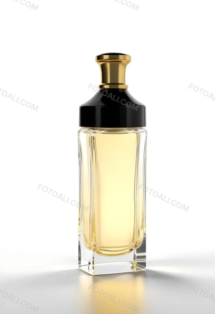 3d Model Perfume Bottle With A Gold Cap And White Accents Transparent Glass Liquid Inside Simple Black Background Figure Octane Render Volumetric Highly Detailed Videogame Aesthetic 31 Fd50