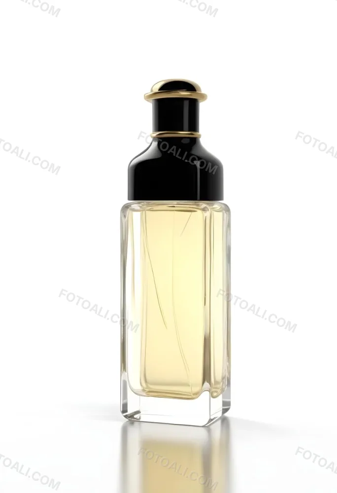 3d Model Perfume Bottle With A Gold Cap And White Accents Transparent Glass Liquid Inside Simple Black Background Figure Octane Render Volumetric Highly Detailed Videogame Aesthetic 36 2c19