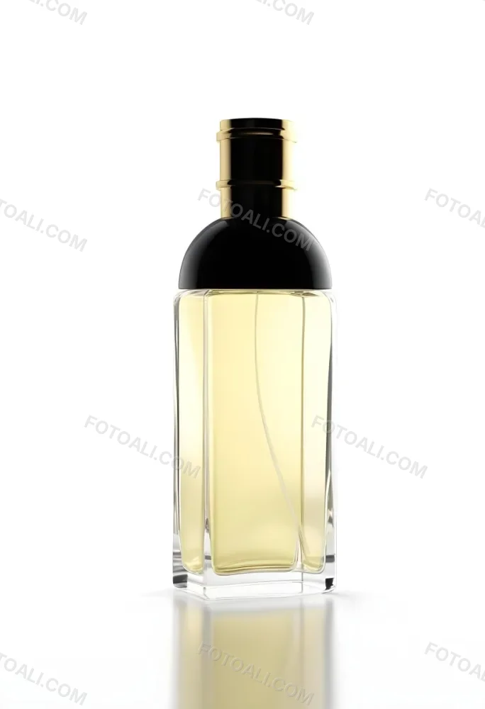 3d Model Perfume Bottle With A Gold Cap And White Accents Transparent Glass Liquid Inside Simple Black Background Figure Octane Render Volumetric Highly Detailed Videogame Aesthetic 39 2008