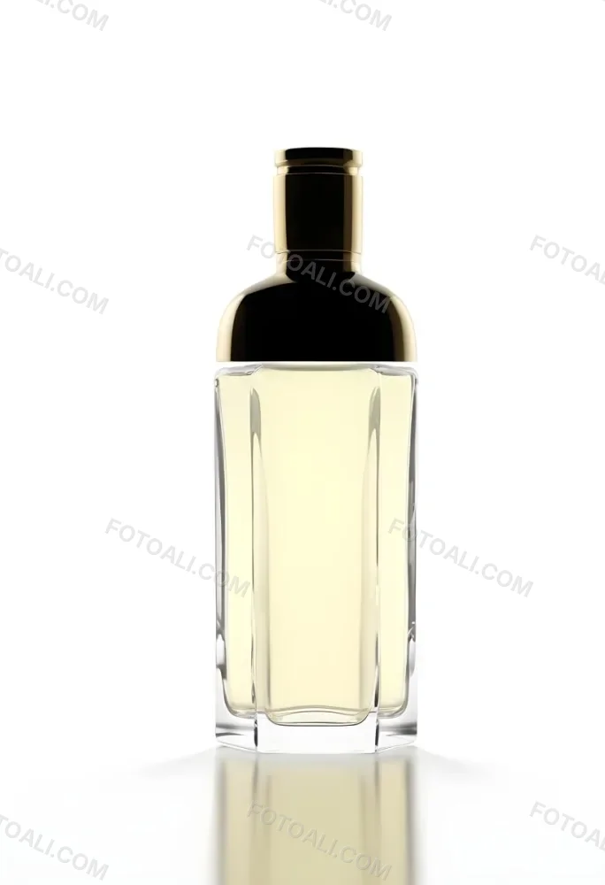 3d Model Perfume Bottle With A Gold Cap And White Accents Transparent Glass Liquid Inside Simple Black Background Figure Octane Render Volumetric Highly Detailed Videogame Aesthetic 5 A5ed