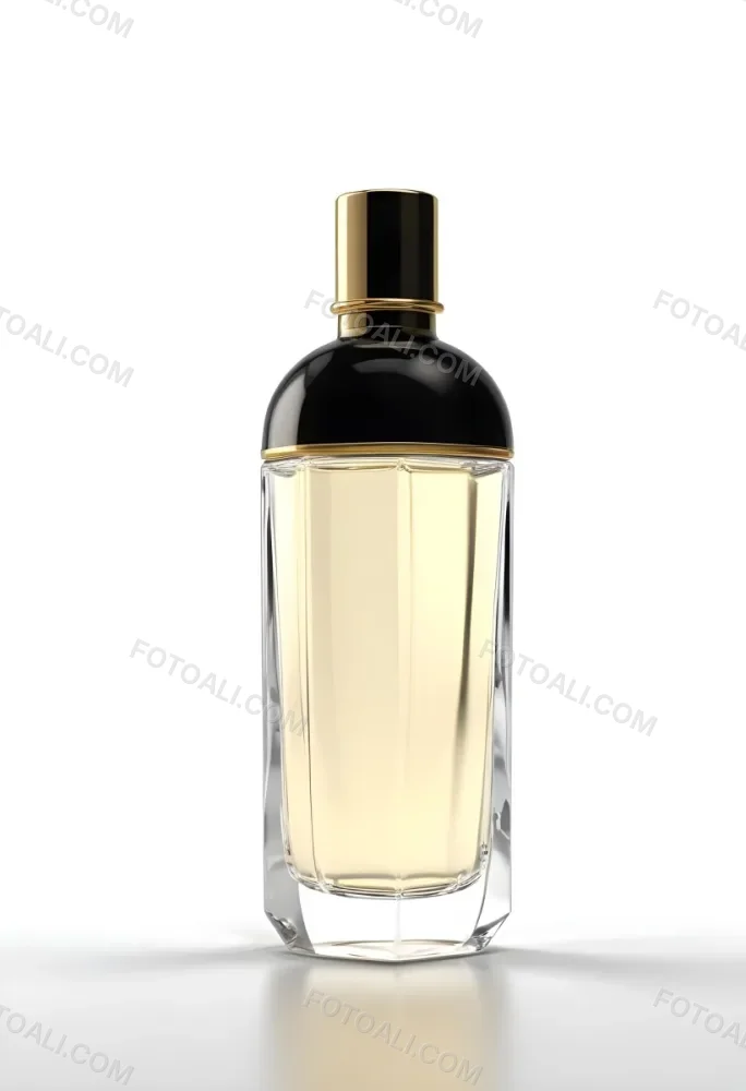 3d Model Perfume Bottle With A Gold Cap And White Accents Transparent Glass Liquid Inside Simple Black Background Figure Octane Render Volumetric Highly Detailed Videogame Aesthetic 7 1ab0