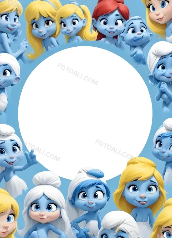 3d Model Smurfette And Other Smurfs Around A White Circle Light Blue Background Figure Octane Render Volumetric Highly Detailed Videogame Aesthetic 14 190d