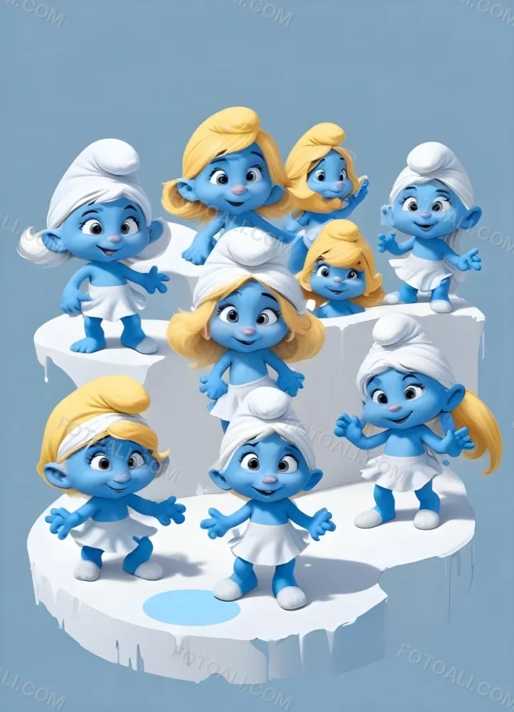 3d Model Smurfette And Other Smurfs Around A White Circle Light Blue Background Figure Octane Render Volumetric Highly Detailed Videogame Aesthetic 26 24e8