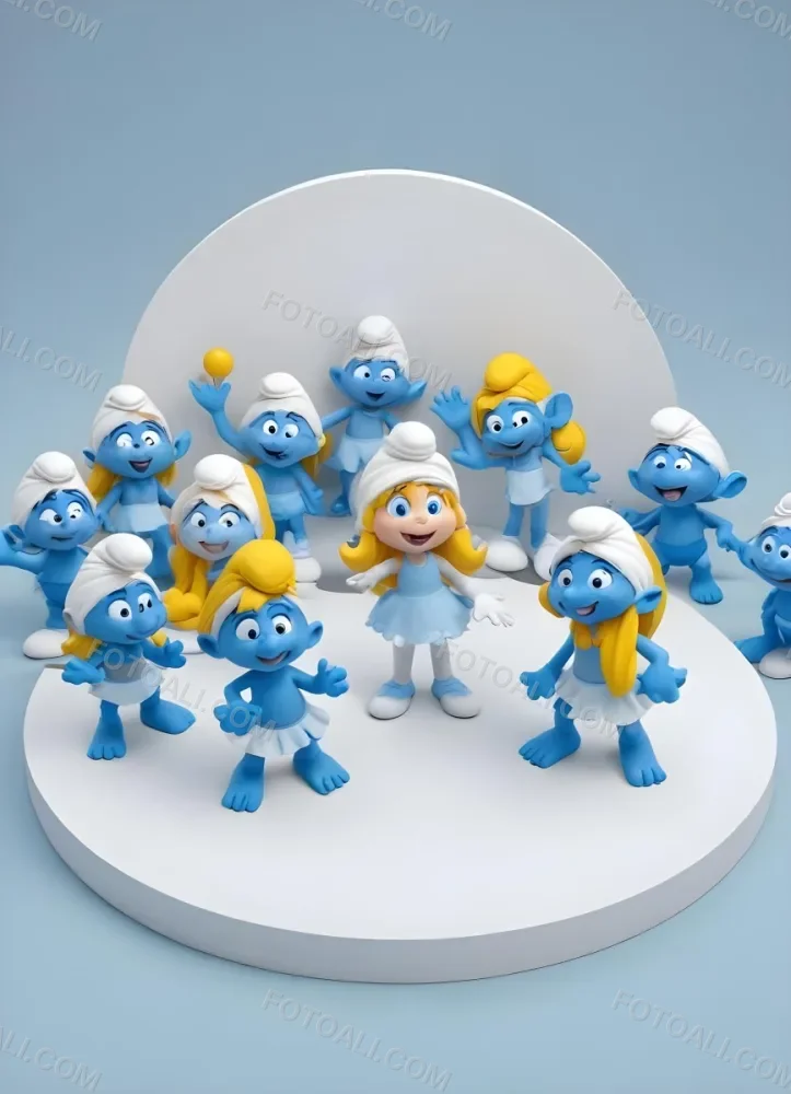 3d Model Smurfette And Other Smurfs Around A White Circle Light Blue Background Figure Octane Render Volumetric Highly Detailed Videogame Aesthetic 5 C79f