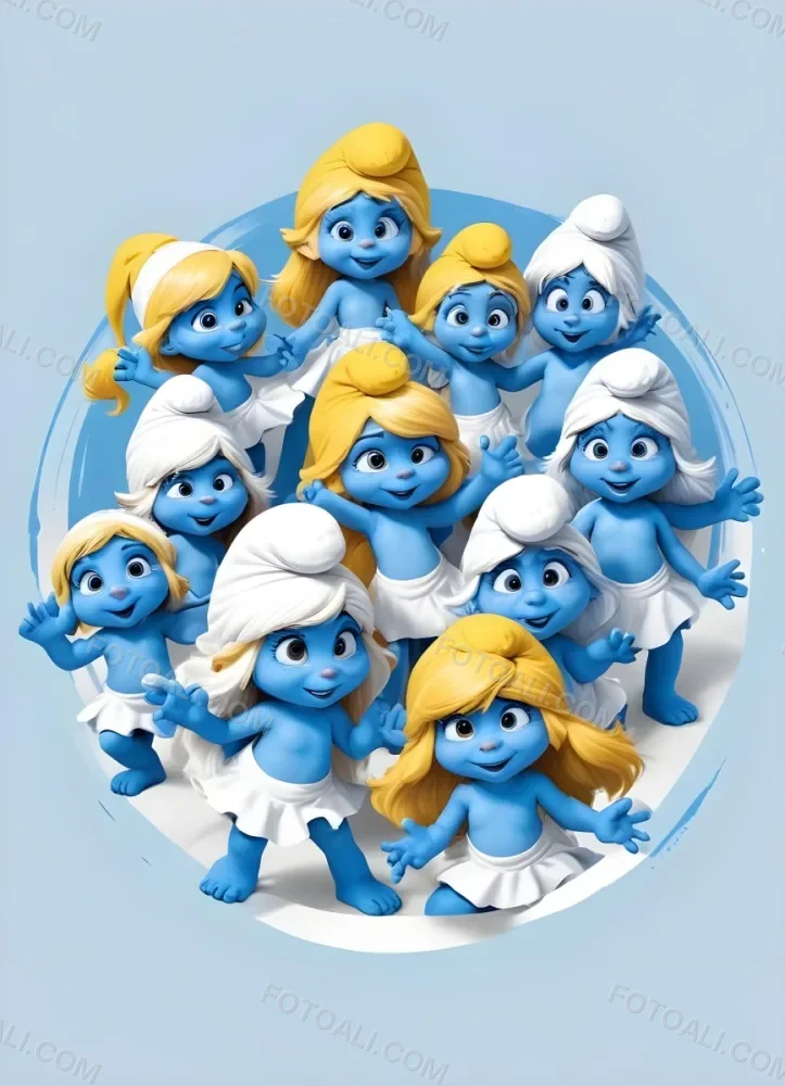 3d Model Smurfette And Other Smurfs Around A White Circle Light Blue Background Figure Octane Render Volumetric Highly Detailed Videogame Aesthetic 6 2a09