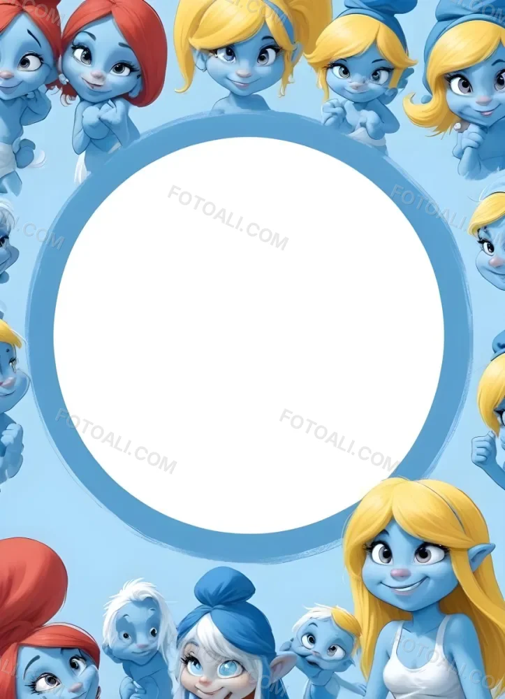 3d Model Smurfette And Other Smurfs Around A White Circle Light Blue Background Figure Octane Render Volumetric Highly Detailed Videogame Aesthetic 8 5e98