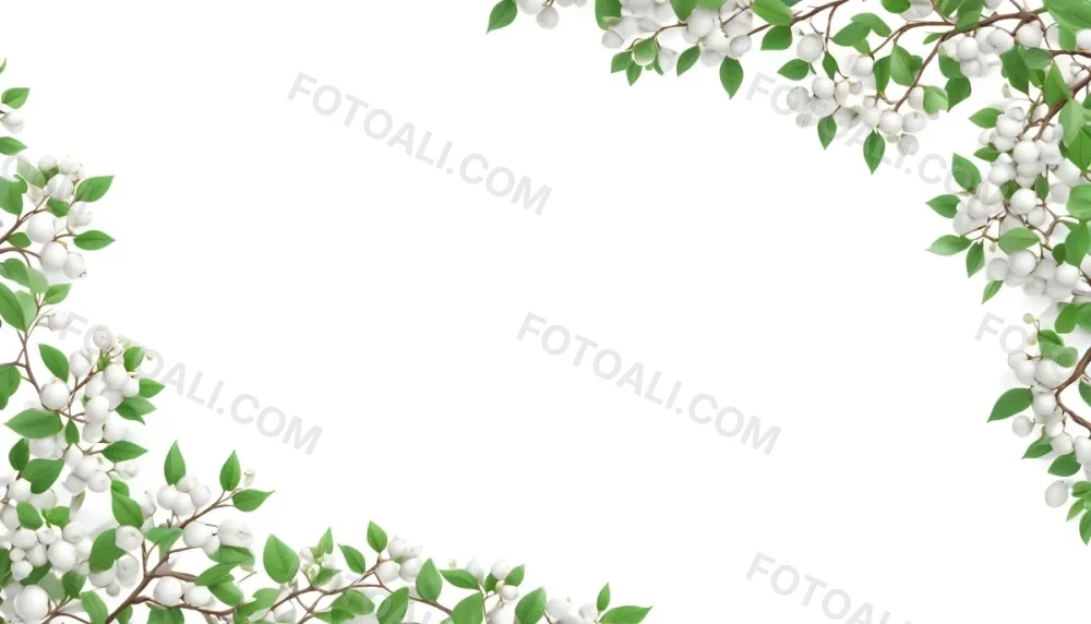 3d Model Snowberry Branches With Green Leaves And White Berries In The Upper Right And Lower Left Corners White Background Figure Octane Render Volumetric Highly Detailed Videogame Aesthetic 27 4f76